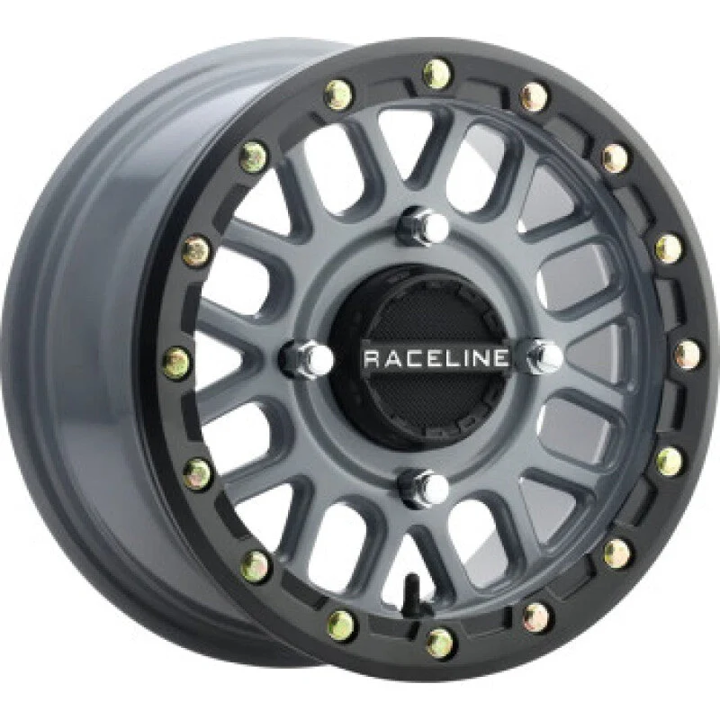 Raceline A93SG Podium 14x7in/4x156 BP/38mm Offset/132.5mm Bore - Grey & Black Ring Beadlock Wheel