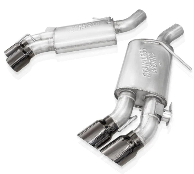 Stainless Works CA16RVMKFLBC - 16-21 Camaro SS 3in Legend Factory Connect Axle Back w/Valve - 4in Quad Black Tips
