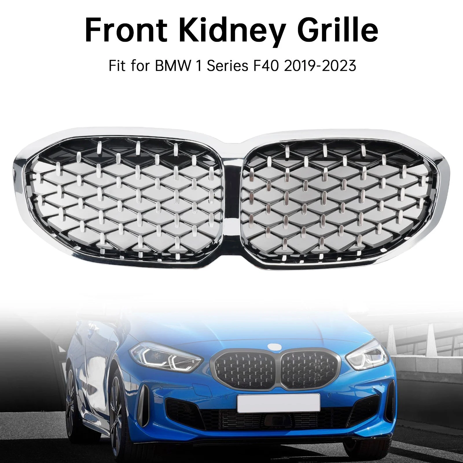 Front Kidney Grille Grill For BMW 1 Series F40 19-23 Silver Diamond Style