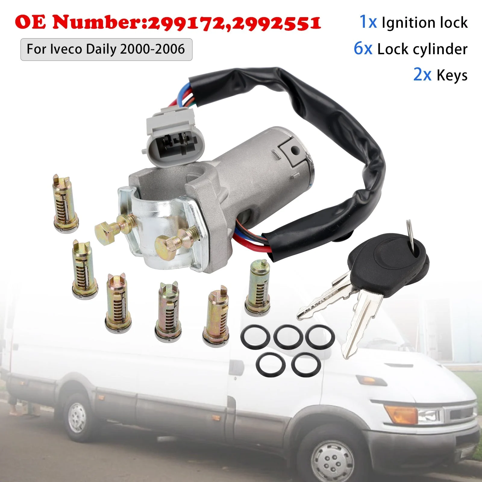 Ignition lock + 6x locking cylinder + key 2991727 For Iveco Daily 2000-2006