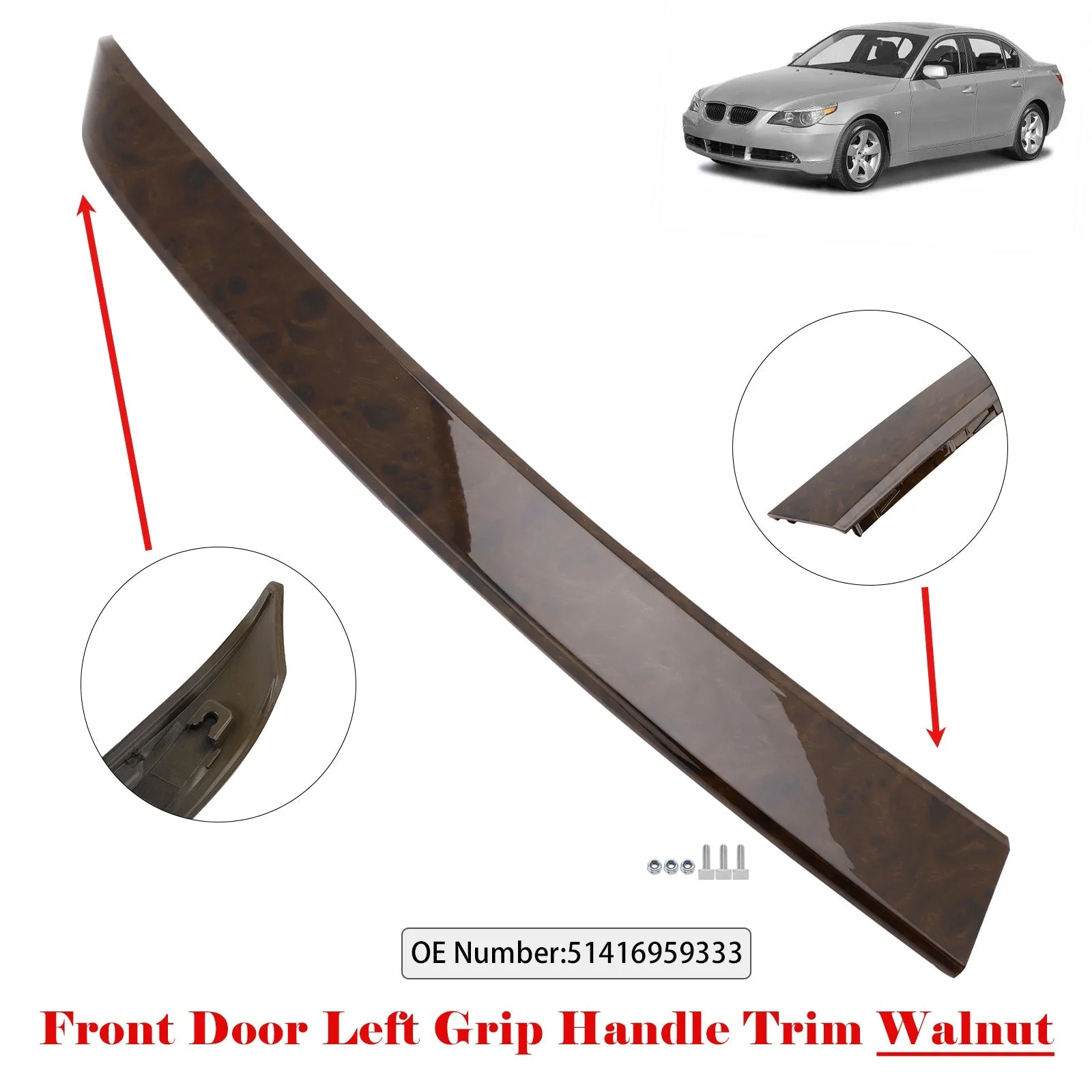 Front Door Left Grip Handle Trim Walnut Fits BMW 5 Series E60 E61 2004-2006