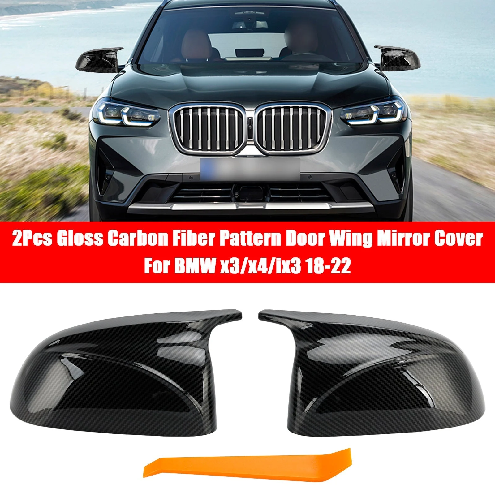 2Pcs Gloss Carbon Fiber Pattern Door Wing Mirror Cover For BMW x3/x4/ix3 18-22