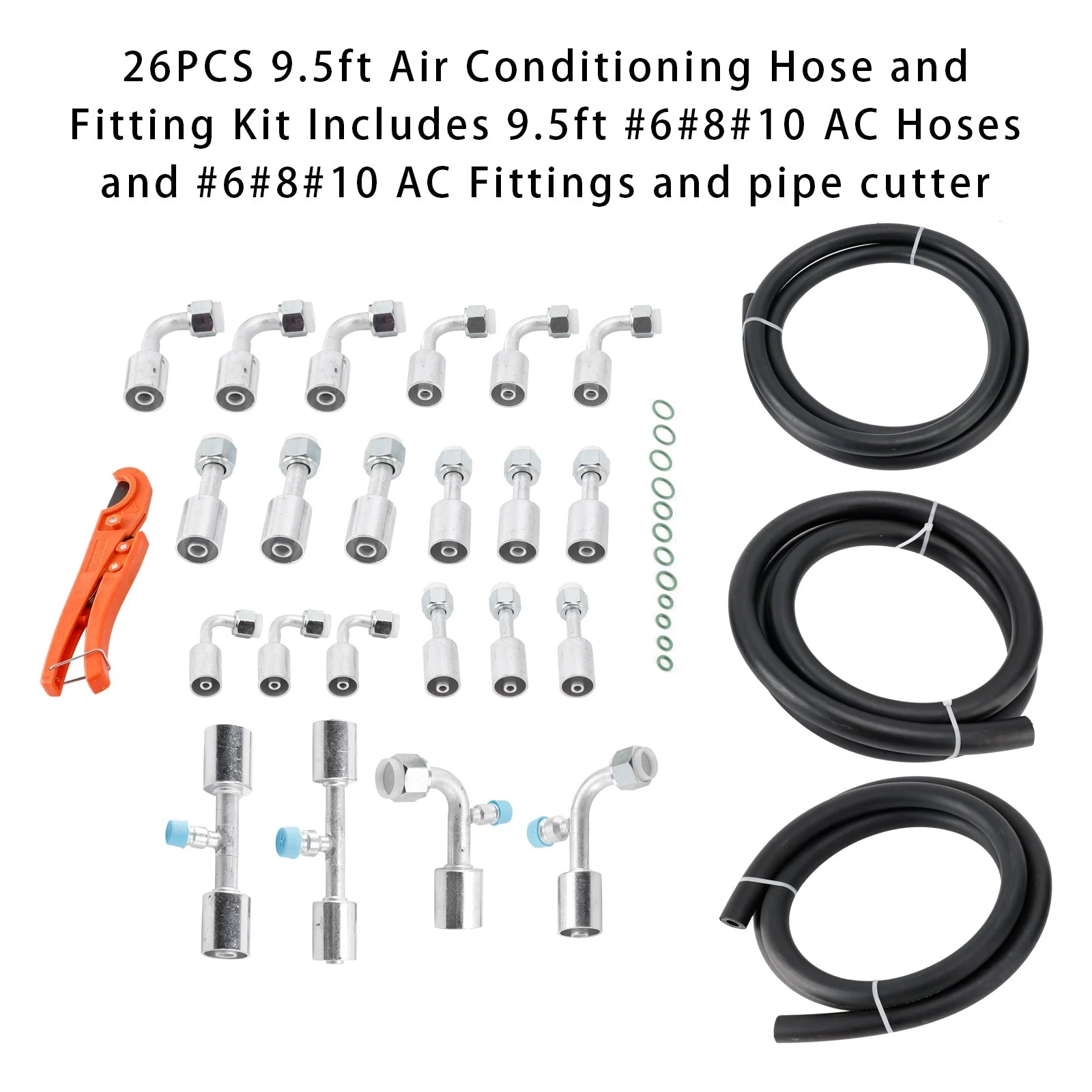 26PCS 9.5ft Air Conditioning Hose and Fitting Kit Includes 9.5ft #6#8#10 AC Hose