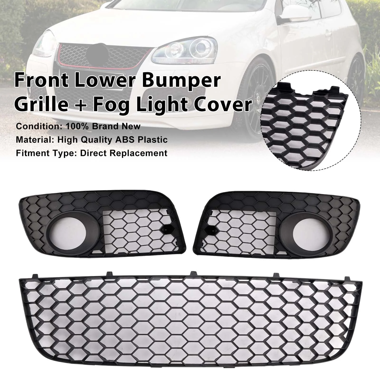 3PCS Front Lower Bumper Grille + Fog Light Cover Fit VW GOLF MK5 GTI 2006-2009