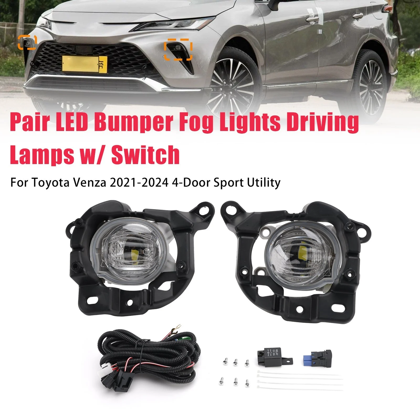 Pair LED Bumper Fog Lights Driving Lamps w/ Switch For Toyota Venza 2021-2024