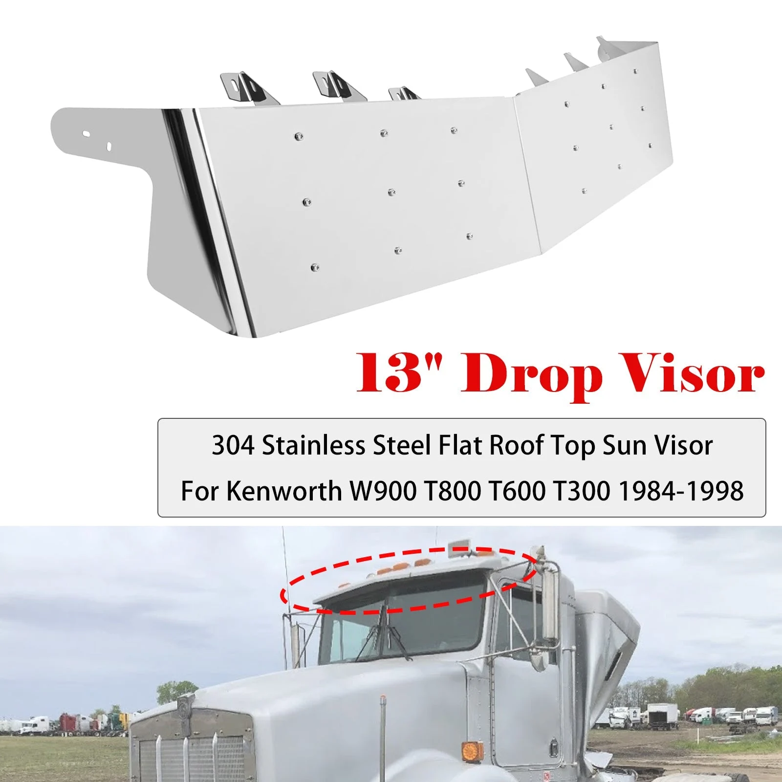 13" Drop Visor Flat Roof Top Sun Visor For Kenworth W900 T800 T600 T300 1984-1998