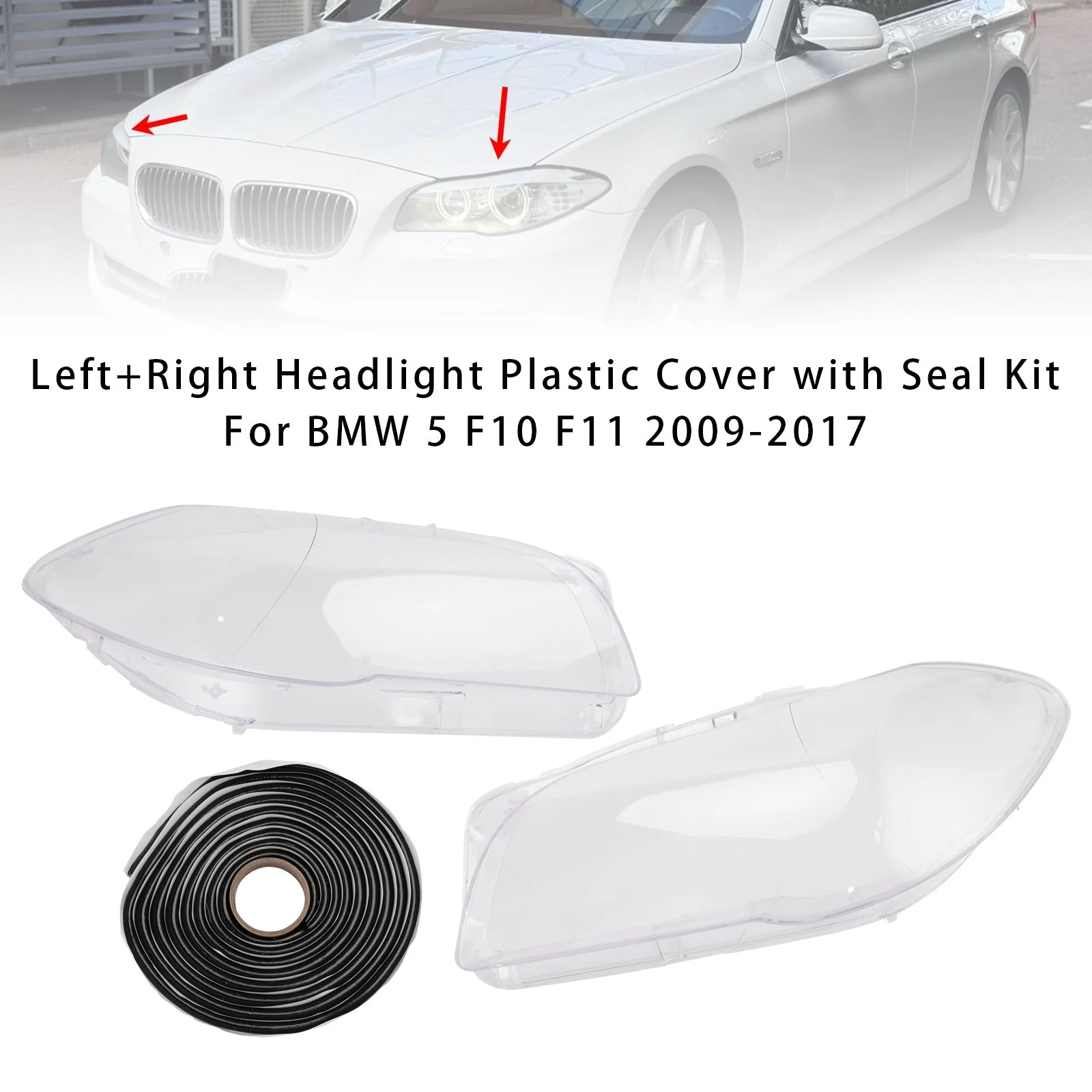 Left+Right Headlight Plastic Cover with Seal Kit For BMW 5 F10 F11 2009-2017