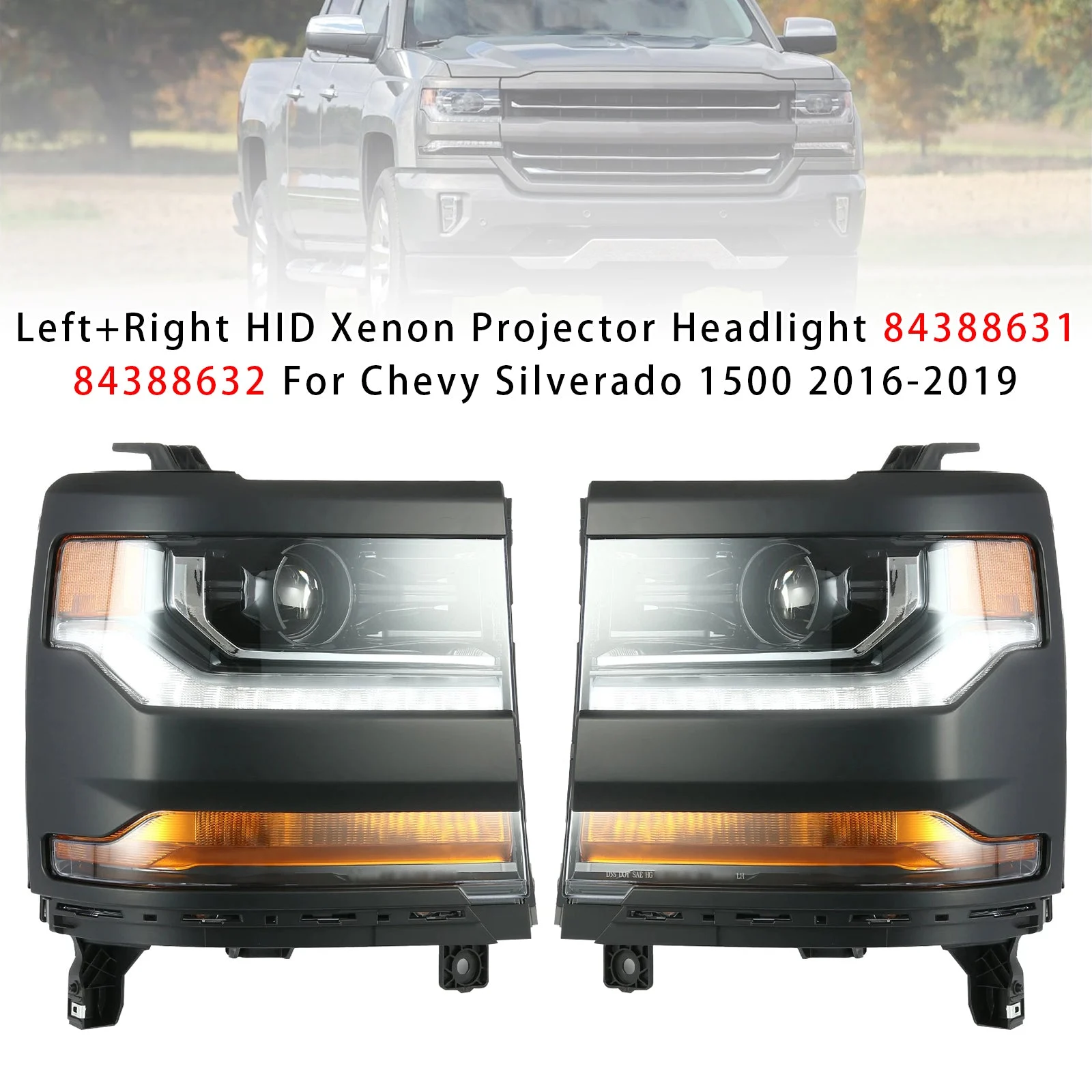 Left+Right HID Xenon Projector Headlight For Chevy Silverado 1500 2016-2019