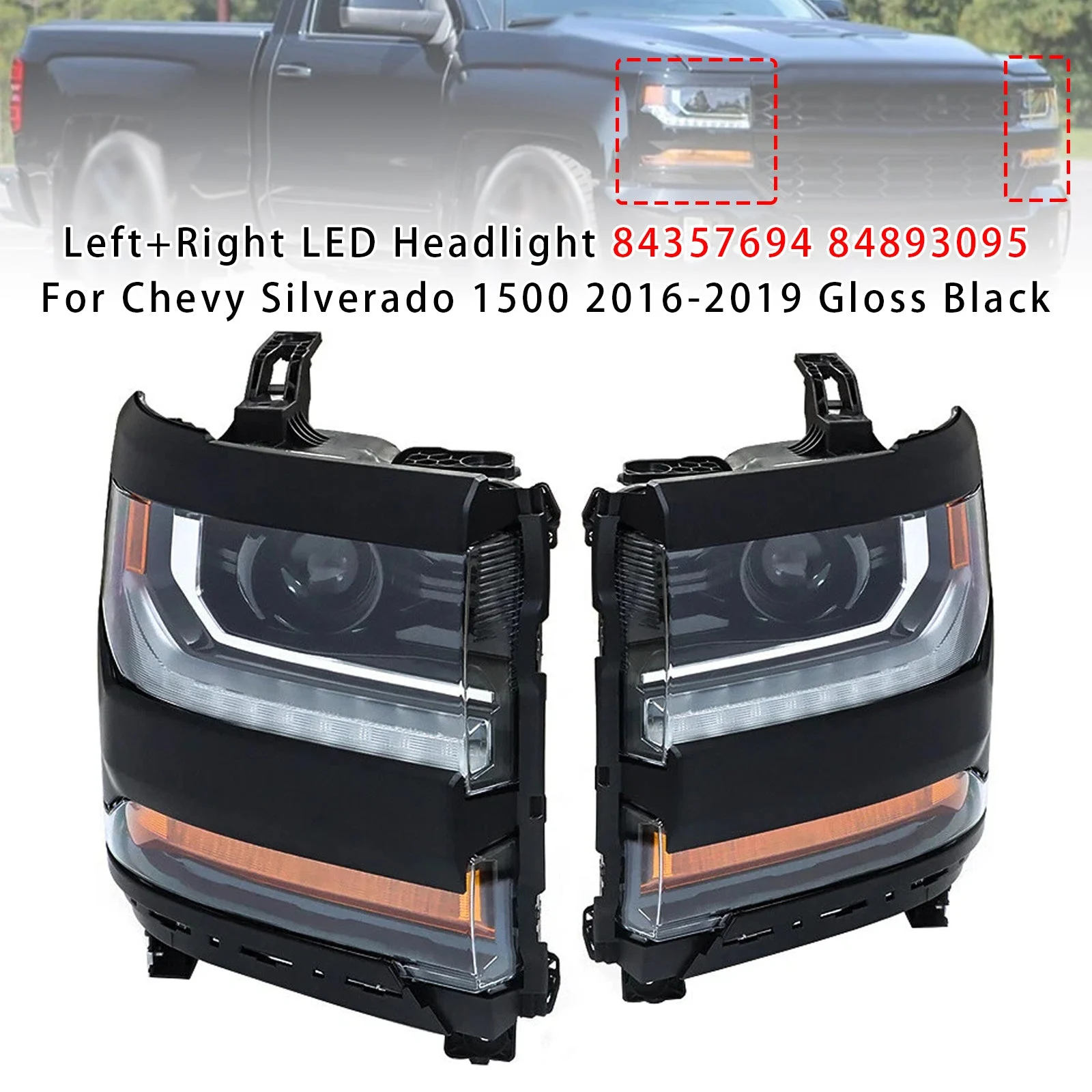 Left+Right LED Headlight For Chevy Silverado 1500 2016-2019 Gloss Black