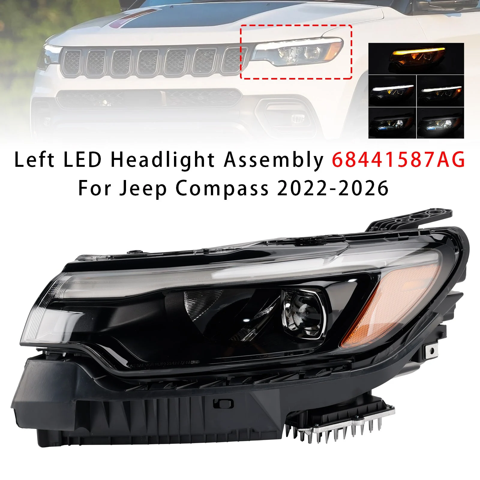 Left LED Headlight Assembly 68441587AG For Jeep Compass 2022-2026
