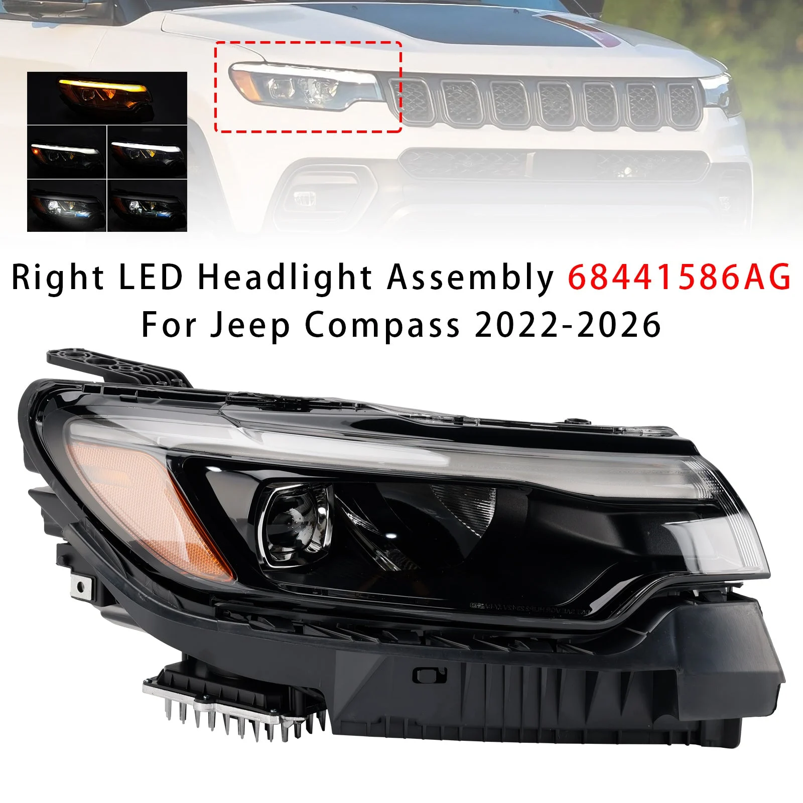 Right Led Headlight Assembly 68441586AG For Jeep Compass 2022-2026