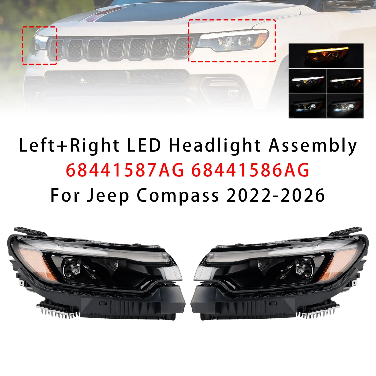 Left+Right Led Headlight Assembly 68441587AG 68441586AG For Jeep Compass 22-2026
