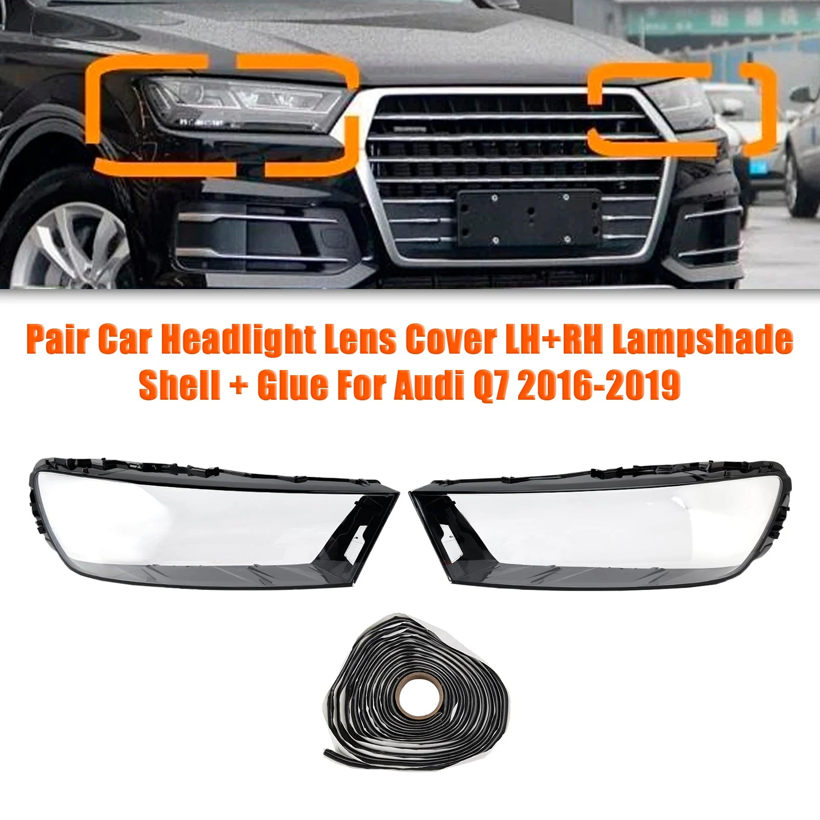 Pair Car Headlight Lens Cover LH+RH Lampshade Shell Glue For Audi Q7 2016-2019
