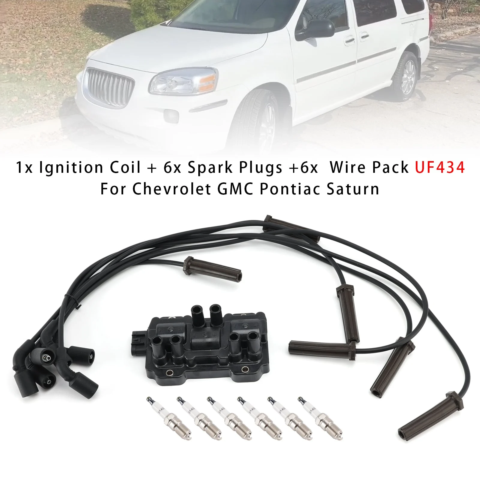 1x Ignition Coil + 6x Spark Plugs +6x  Wire Pack UF434 For Chevrolet GMC Pontiac