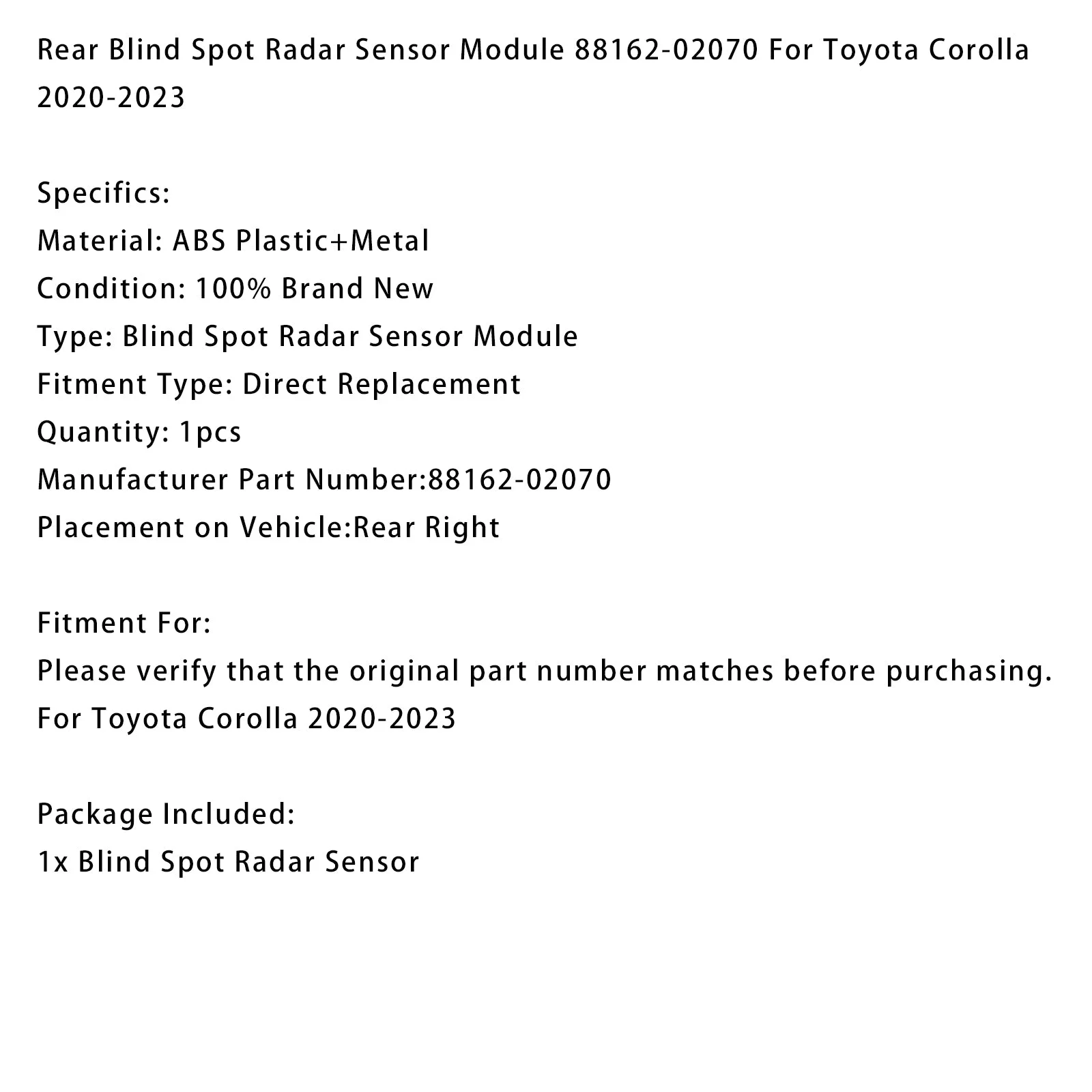 Rear Blind Spot Radar Sensor Module 88162-02070 For Toyota Corolla 2020-2023