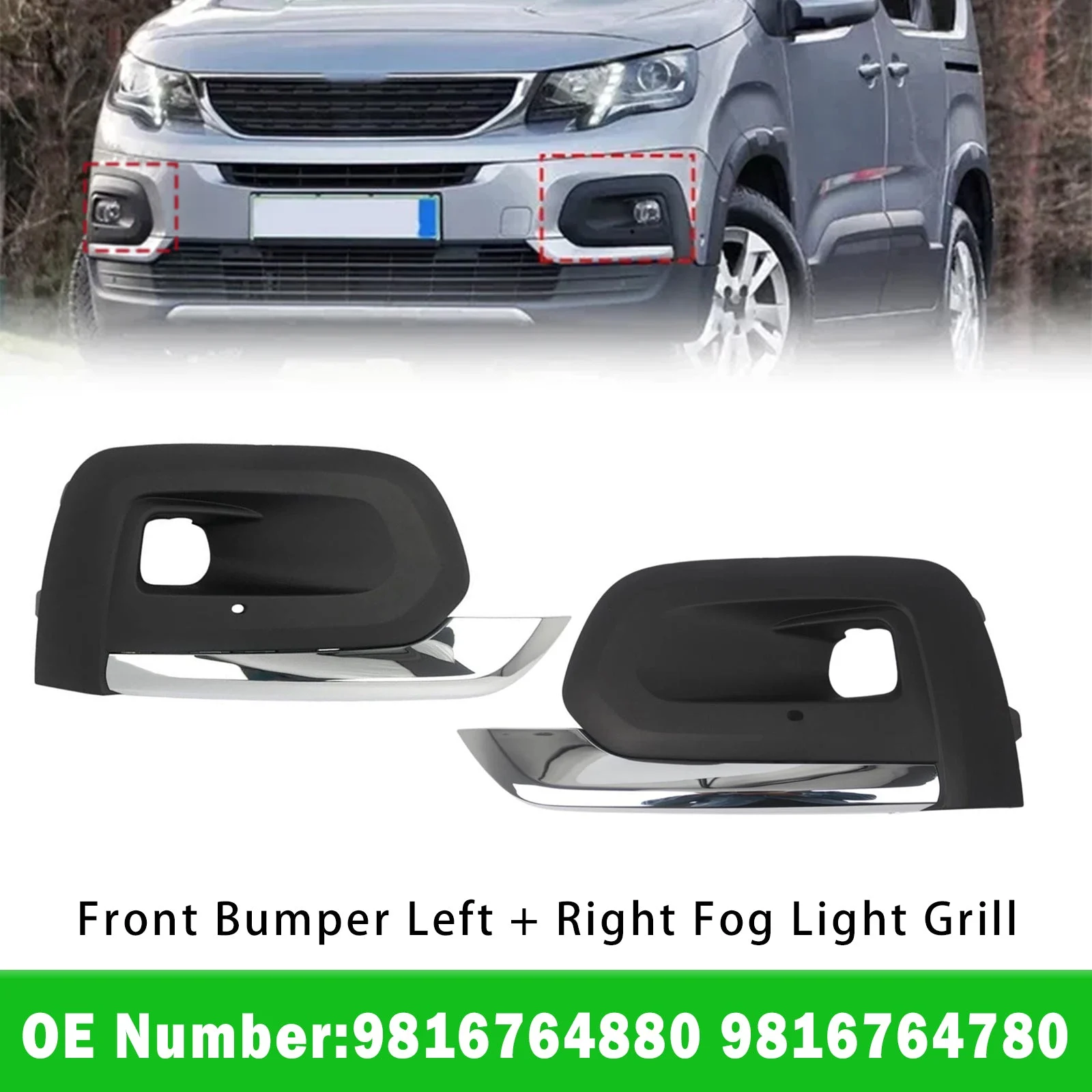Front Bumper Left + Right Fog Light Grill 9816764780 For Peugeot Rifter 2019-2025