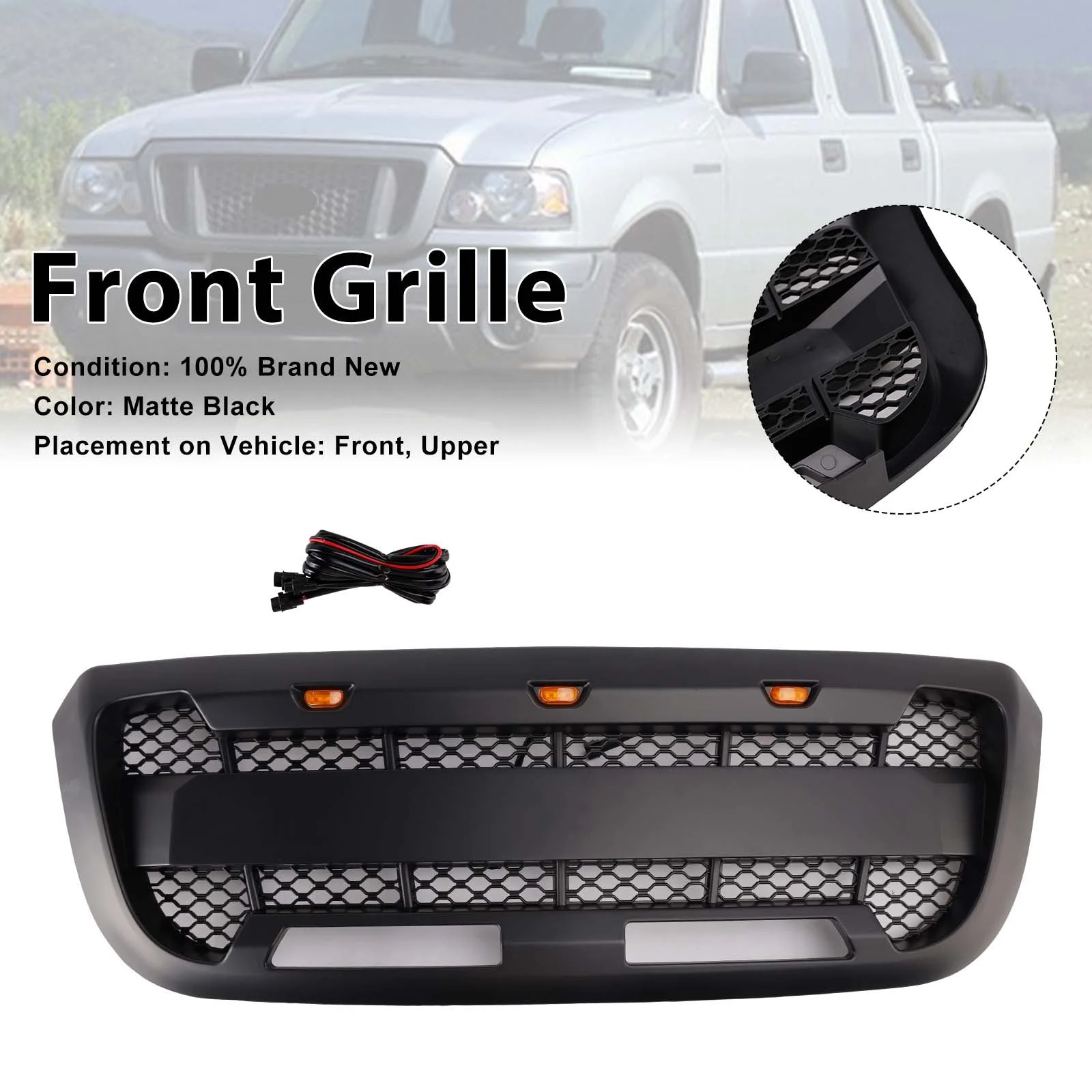Matt Black Front Bumper Grille Grill Fit Ford Ranger 2004-2011 With LED Light