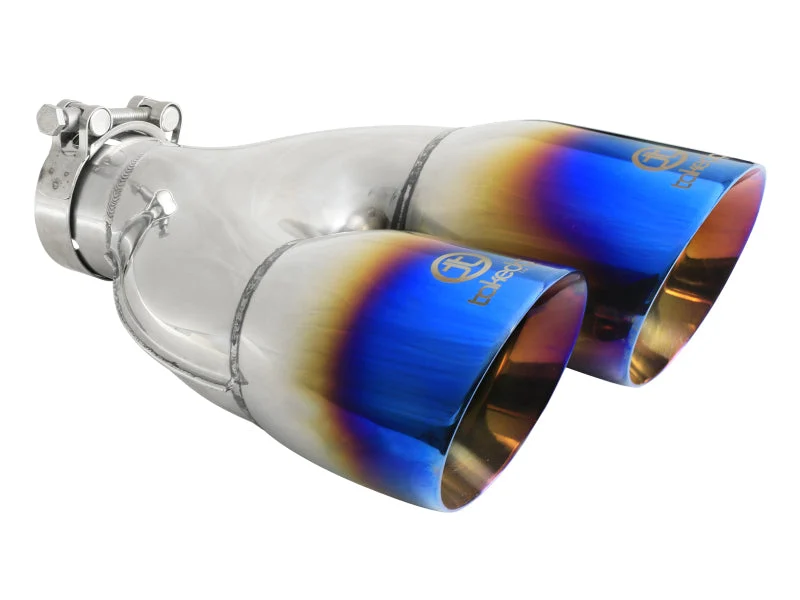 aFe Takeda 2.5in 304 Stainless Steel Clamp-on Exhaust Tip Driver Side 2.5in Inlet 4inDual-Blue Flame