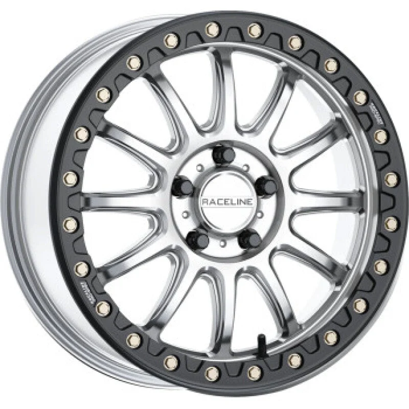 Raceline A14SB Alpha 15x10in/4x137 BP/10mm Offset/110.18mm Bore - Silver & Blk Ring Beadlock Wheel