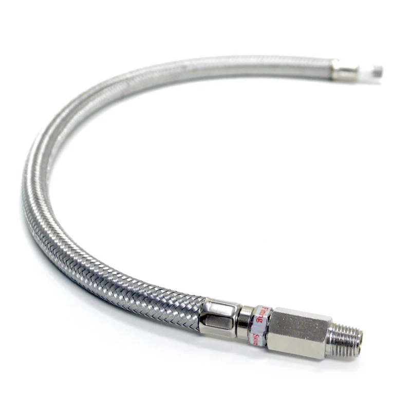 Kleinn 18In Stainless Steel Braided Leader Hose w/ Check Valve-1/4In M NPT Inlet/ 1/4In M NPT Outlet