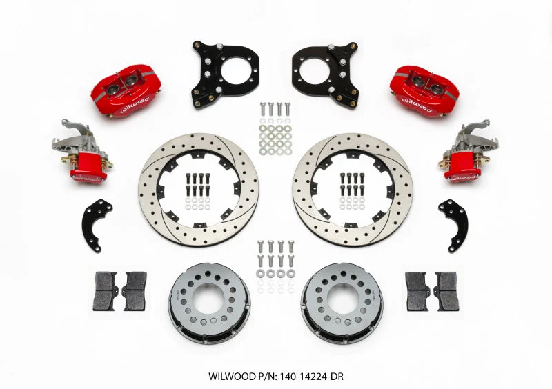 Wilwood Forged Dynalite P/S Rear Kit w/MC4 P-Brake Drill Red Chev 12 Bolt w/Clip Eliminator